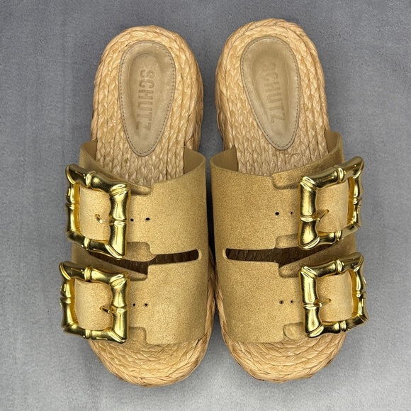 🔥🔥🔥SCHUTZ Tan Slide Sandals with Gold Accent Size: 6.5B🔥🔥🔥 - Picture 1 of 10